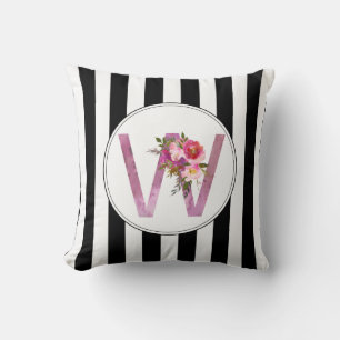 W, Floral Monogram initial , watercolor flower Throw Pillow