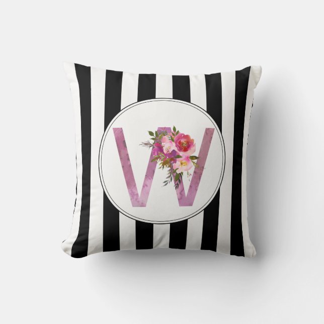 W, Floral Monogram initial , watercolor flower Throw Pillow (Front)