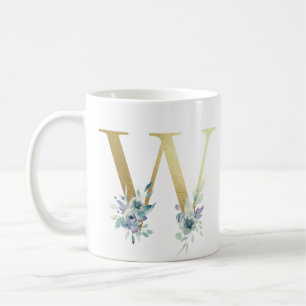 W, golden initial with blue floral foliage coffee mug