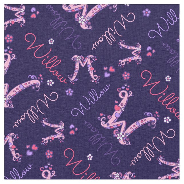 W monogram and personalized name Willow fabric (Close Up)