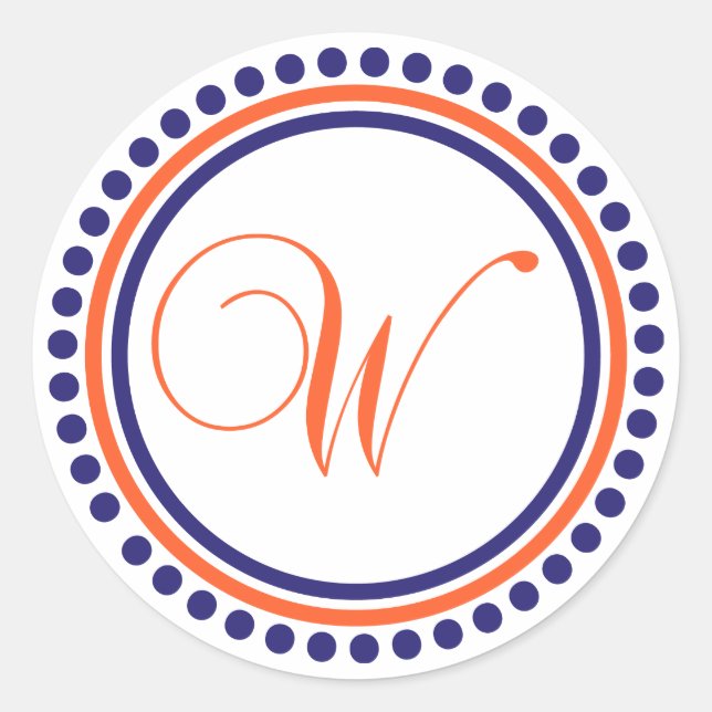 W Monogram (Blue / Orange Dot Circle) Classic Round Sticker (Front)