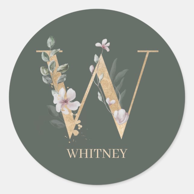 W Monogram Floral Personalized Classic Round Sticker (Front)
