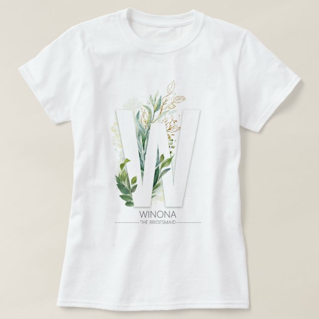 W Monogram Gold Greenery Leaves Elegant T-Shirt (Design Front)