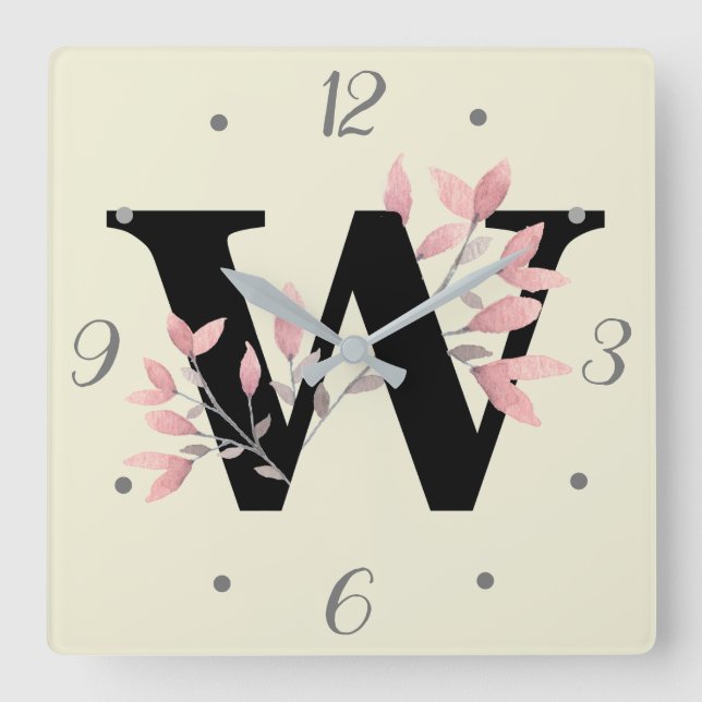 W Monogram with Pink Floral Sprays Square Wall Clock (Front)