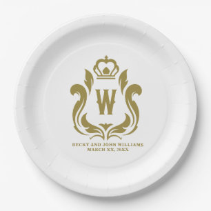W Monogrammed Gold Crest Paper Plate