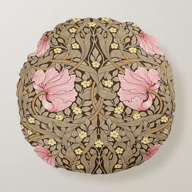W Morris Pimpernel Pattern in Pink & Sepia Round Pillow (Front)