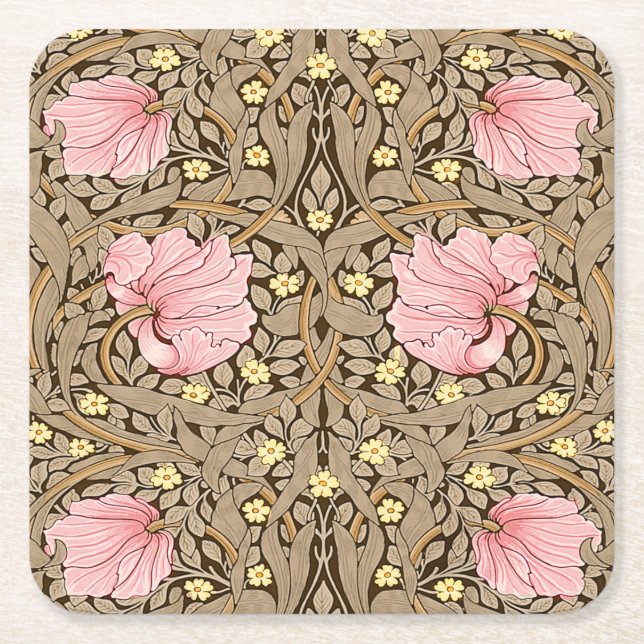 W Morris Pimpernel Pattern in Pink & Sepia Square Paper Coaster (Front)