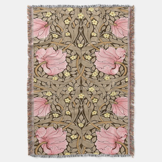 W Morris Pimpernel Pattern in Pink & Sepia Throw Blanket (Front Vertical)