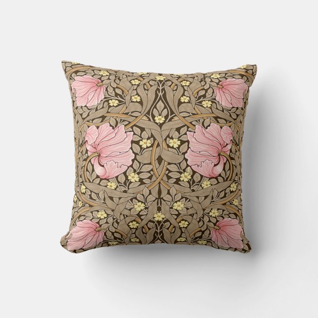W Morris Pimpernel Pattern in Pink & Sepia Throw Pillow (Front)