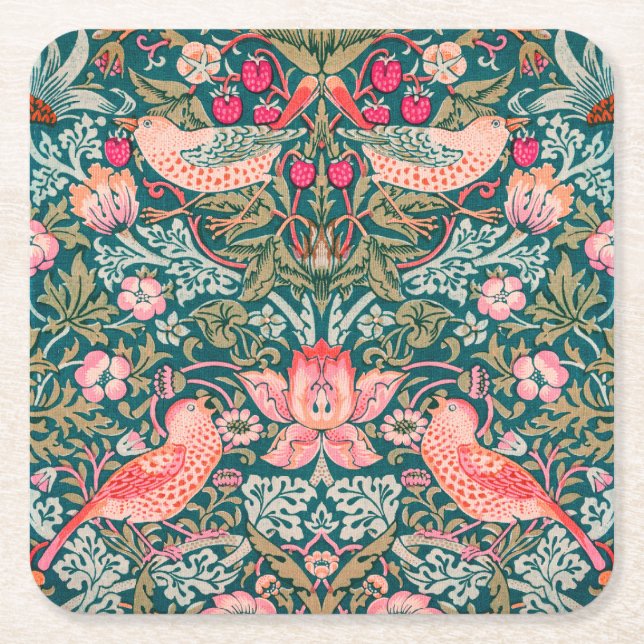 W Morris Pink Strawberry Thief Square Paper Coaster (Front)