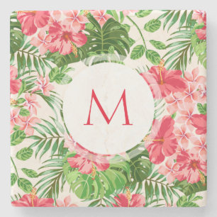 W Personalized Hibiscus Flower Monogram Stone C Stone Coaster