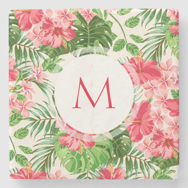 W Personalized Hibiscus Flower Monogram Stone C Stone Coaster (Front)