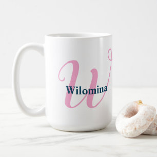  "W" Pink Fancy Script Monogram with Navy Name Coffee Mug