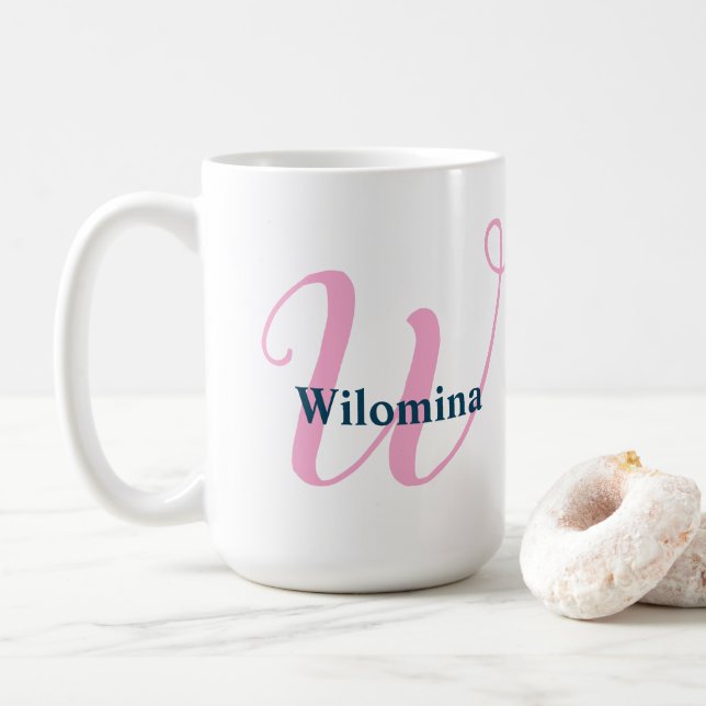 "W" Pink Fancy Script Monogram with Navy Name Coffee Mug (With Donut)