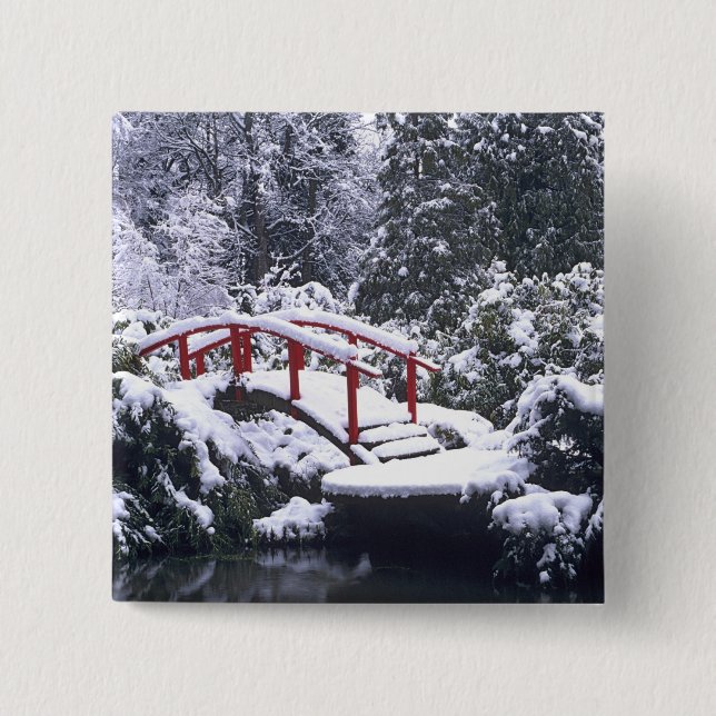 WA, Seattle, Moon bridge and pond after winter 2 Inch Square Button (Front)