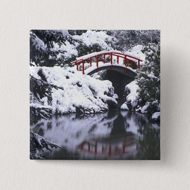 WA, Seattle, Moon bridge and pond after winter 2 Inch Square Button (Front)