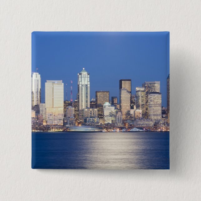 WA, Seattle, Seattle skyline and Elliott Bay, 2 Inch Square Button (Front)