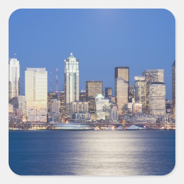 WA, Seattle, Seattle skyline and Elliott Bay, 2 Square Sticker (Front)