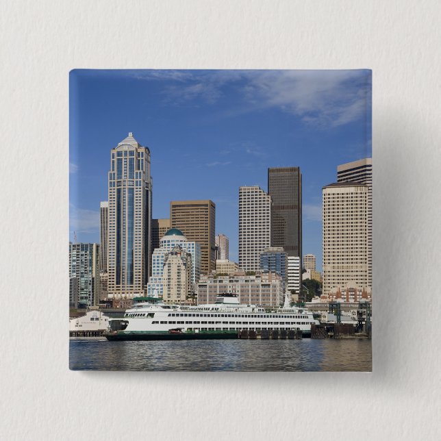 WA, Seattle, Seattle skyline with ferry boat 2 Inch Square Button (Front)