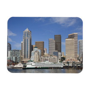 WA, Seattle, Seattle skyline with ferry boat Magnet