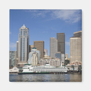 WA, Seattle, Seattle skyline with ferry boat Magnet
