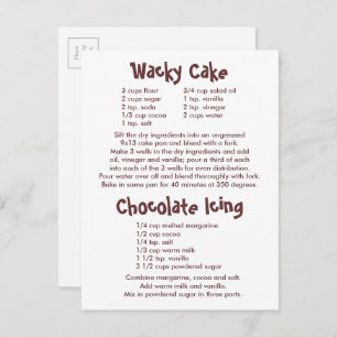 Wacky Cake and Chocolate Icing Recipes Postcard
