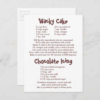 Wacky Cake and Chocolate Icing Recipes Postcard