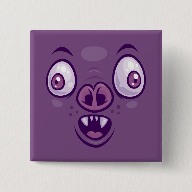 Wacky Cartoon Vampire Bat Face 2 Inch Square Button (Front)