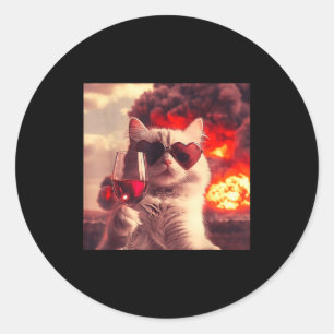 Wacky Cat Holding Wine Selfi With Fire Funny Sungl Classic Round Sticker