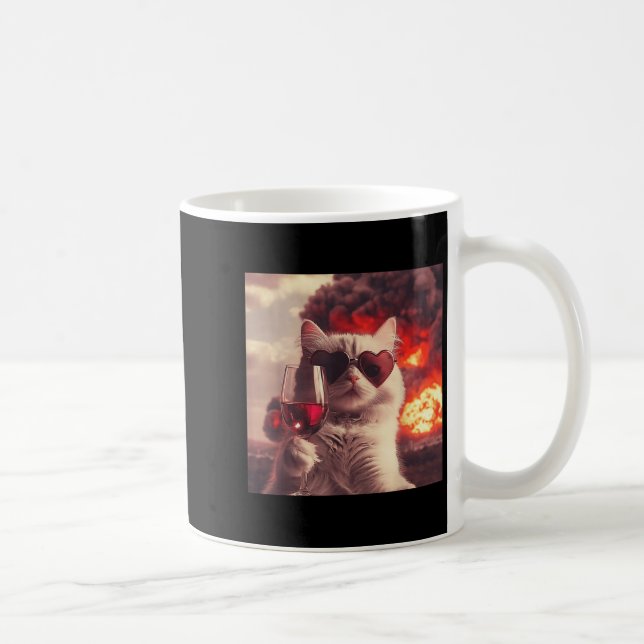 Wacky Cat Holding Wine Selfi With Fire Funny Sungl Coffee Mug (Right)