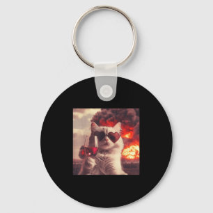 Wacky Cat Holding Wine Selfi With Fire Funny Sungl Keychain