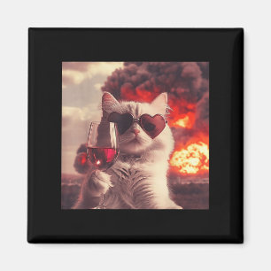 Wacky Cat Holding Wine Selfi With Fire Funny Sungl Magnet