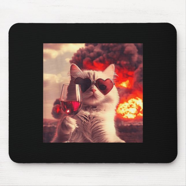 Wacky Cat Holding Wine Selfi With Fire Funny Sungl Mouse Pad (Front)