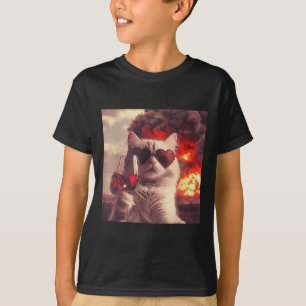 Wacky Cat Holding Wine Selfi With Fire Funny Sungl T-Shirt