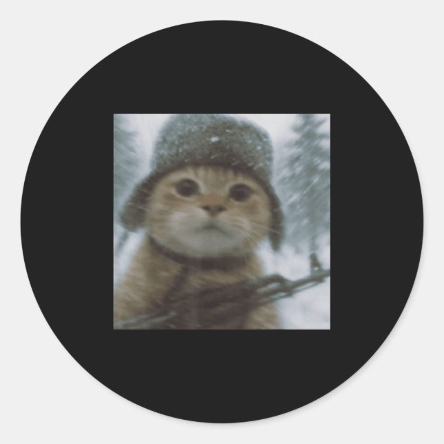 Wacky Cat Snow Kitten Soldier Selfie With Gun Meme Classic Round Sticker (Front)