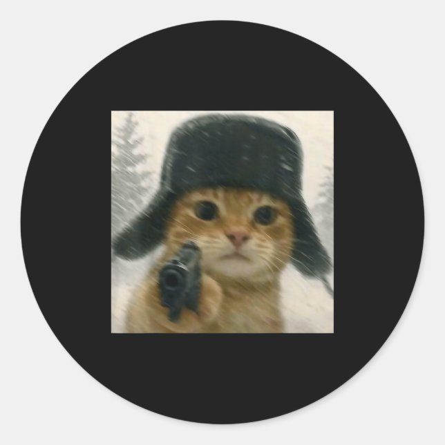 Wacky Cat Wearing Ushanka Hat Russian Meme Cat Hum Classic Round Sticker (Front)