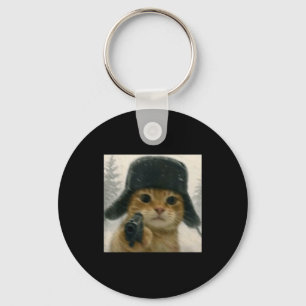 Wacky Cat Wearing Ushanka Hat Russian Meme Cat Hum Keychain