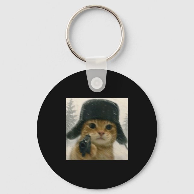 Wacky Cat Wearing Ushanka Hat Russian Meme Cat Hum Keychain (Front)
