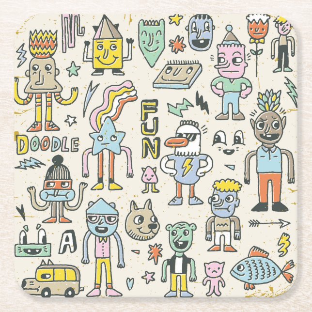 Wacky Doodles: Vintage Character Set Square Paper Coaster (Front)