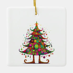Wacky Whimsical Christmas Tree, Bright Colours Ceramic Ornament