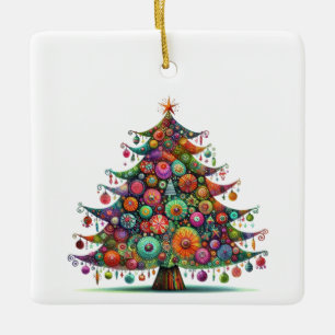 Wacky Whimsical Christmas Tree, Bright Colours Ceramic Ornament