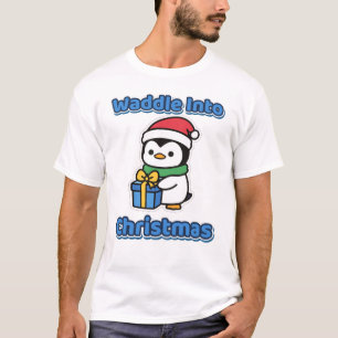 Waddle Into Christmas Cute Penguin Santa Hat T-Shirt