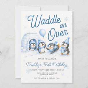 Waddle on Over Penguins Animals First Birthday Invitation