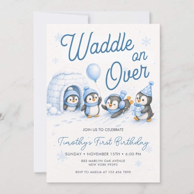 Waddle on Over Penguins Animals First Birthday Invitation (Front)