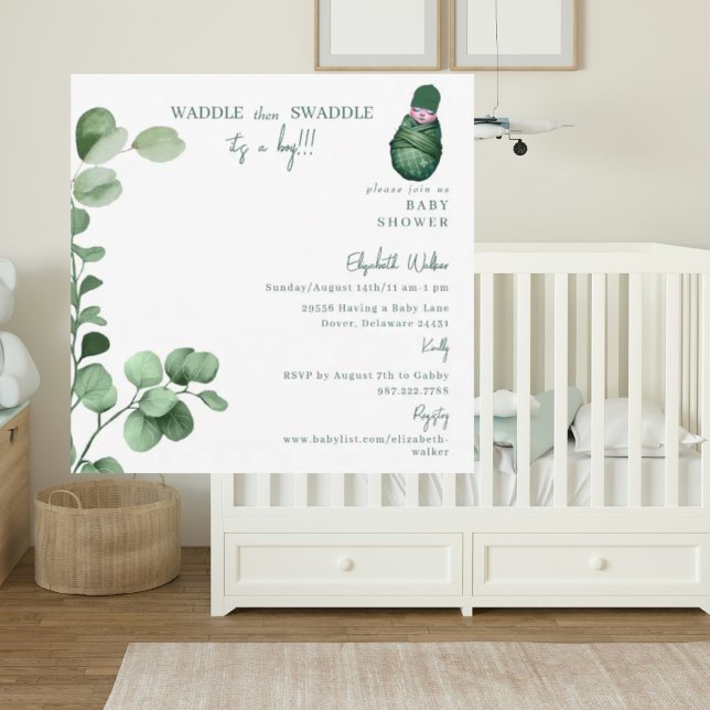 Waddle then Swaddle It's a Boy Green Baby Shower Invitation (Creator Uploaded)