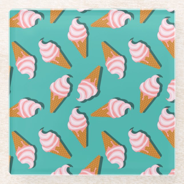 Waffle cones ice cream and frozen yogurt pattern glass coaster (Front)