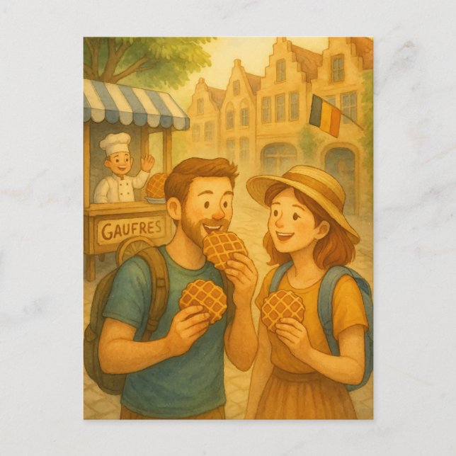 Waffle Moment in Belgium – Illustrated Travel Post Postcard (Front)