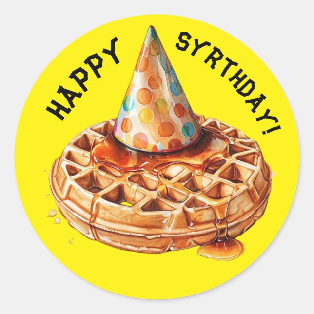 waffle wearhing birthday hat & syrup  classic round sticker (Front)
