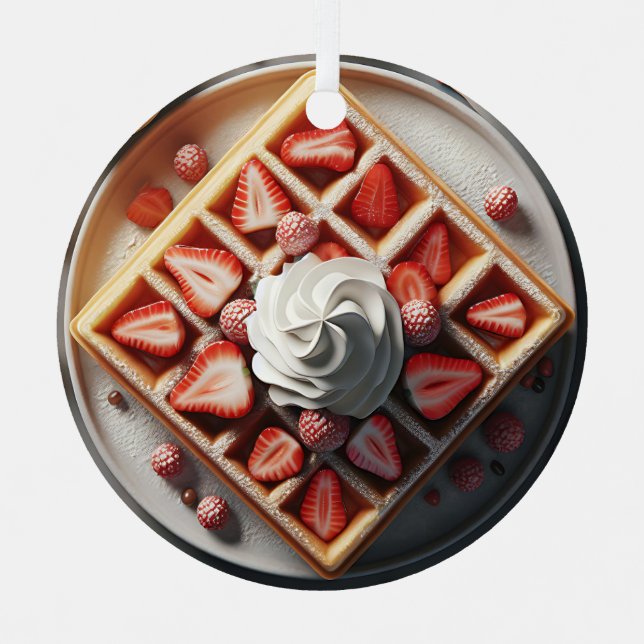 Waffles Whipped Cream and Strawberries Christmas Metal Ornament (Front)
