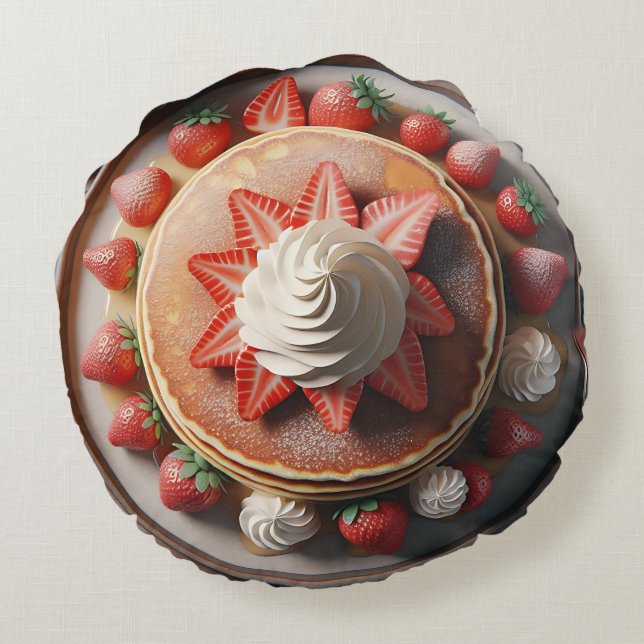 Waffles Whipped Cream and Strawberries  Round Pillow (Back)